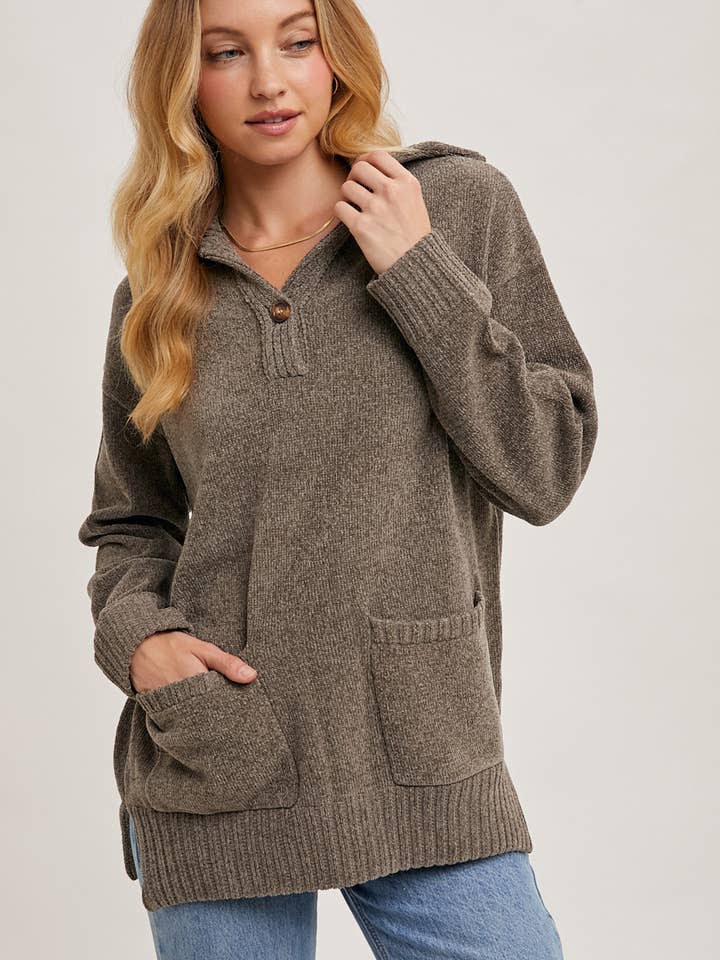 Bluivy - Wholesale Knit Sweater - Women's - ONE BUTTON FRONT FLAP COLLAR RIBBED KNIT SWEATER PULLOVER