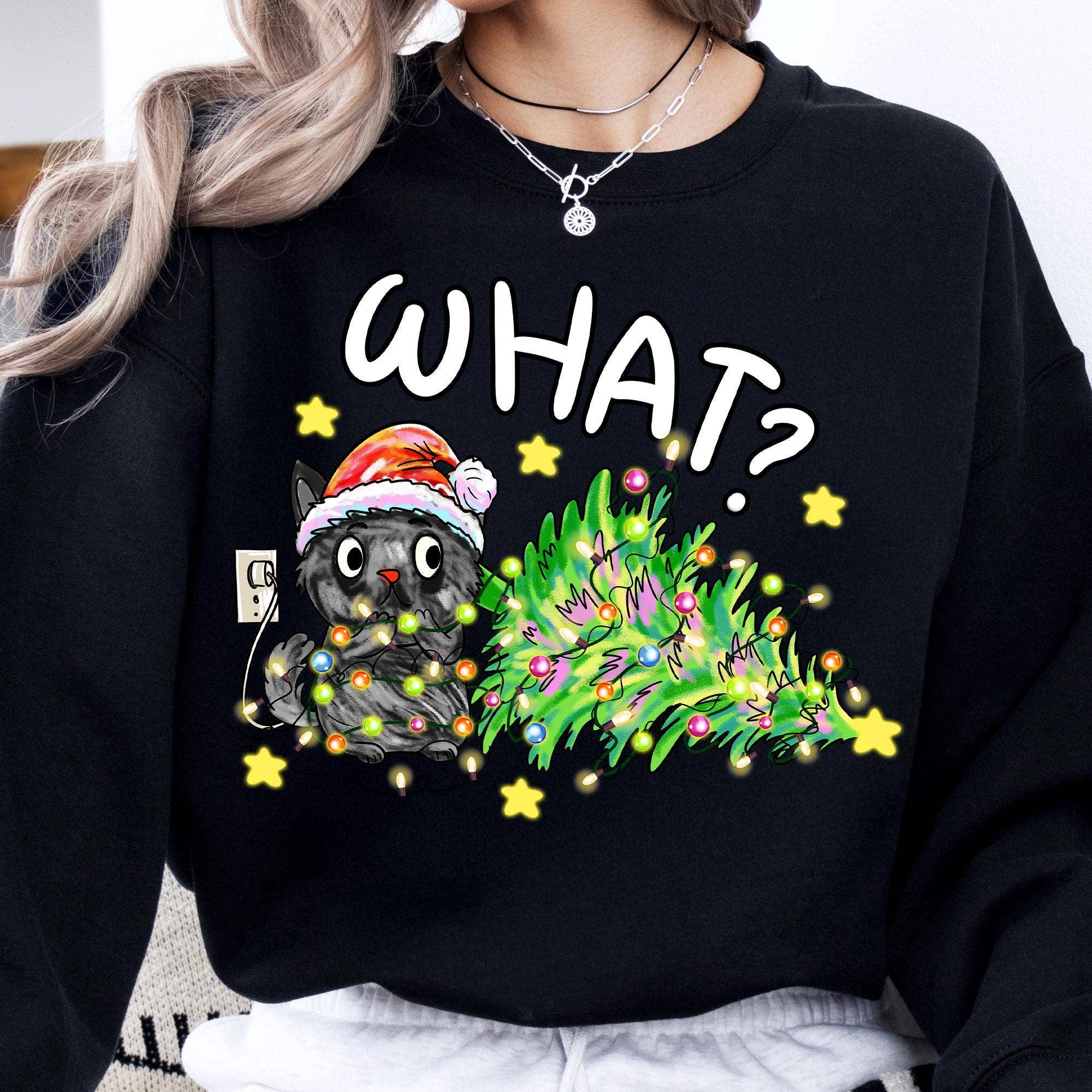 NVC Ecommerce LLC - Wholesale T-Shirt (Graphic) - Women's - Funny Christmas Cat Shirt, What Black Cat Santa Sweatshirt0