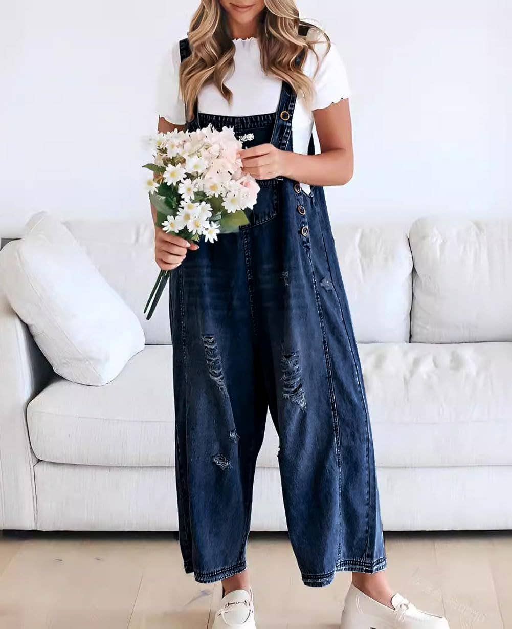 Rosa Clothing - Vente Combinaison – femme - Combinaison en jean vintage délavée à jambes larges et amples8