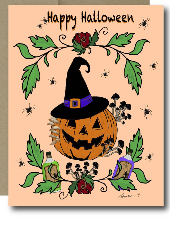 Witchy Elixir Halloween Card – A2 Halloween Greeting Card with Pumpkin, Spiders, Mushrooms, and Potion Bottles – Spooky Cute Card for wholesale by Color Crumbs Club