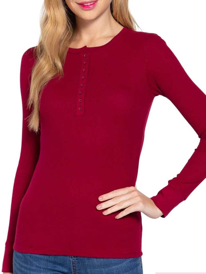 PLUS SIZE LONG SLEEVE HENLEY THERMAL KNIT TOP for wholesale by Vanilla Monkey