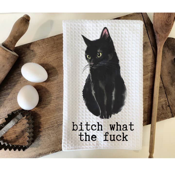 Bitch, what the fuck black cat funny Hand Towel for wholesale by Rebel Roses