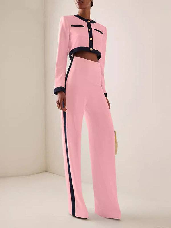 Sheer Trend – Engroshandel Top- og buksesæt (IKKE Loungewear) - Dame – Langærmer Knappede split-joint rundhalsede bluser og skjorter Toppe + Bukser med høj talje Nederst i to dele0