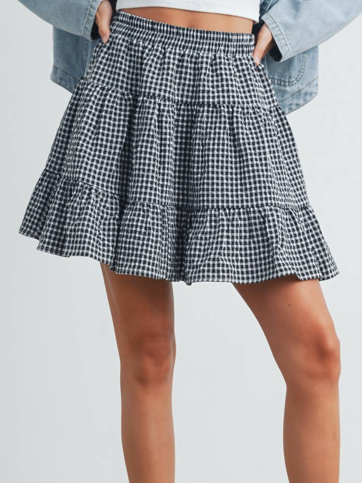 High Waist Tiered Check Skirt - BMS7530 for wholesale by BUTTERMELON