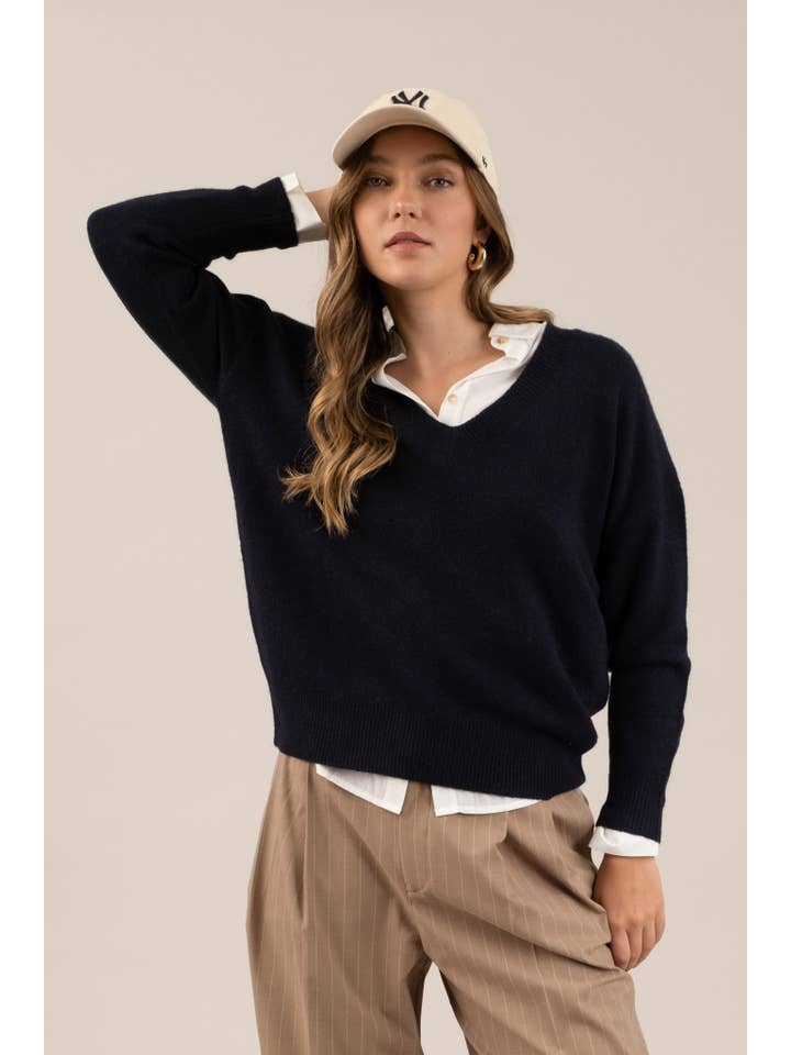 The Workshop Studio - Wholesale Knit Sweater - Women's - SOLID V NECK DROP SHOULDER KNIT SWEATER