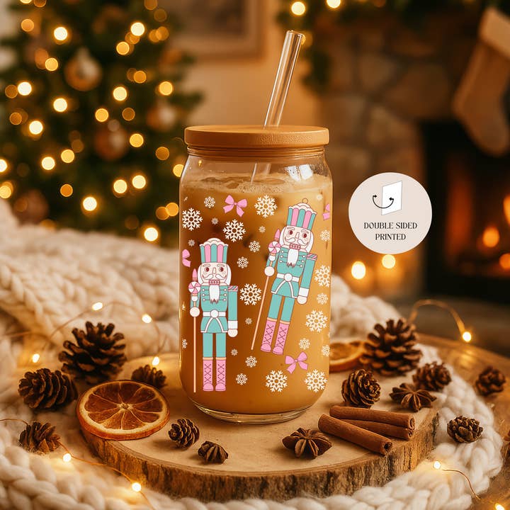 the cute cloud - Wholesale Drinking Glass/Cup - Pastel Nutcrackers Double Sided Glass Tumbler + Lid & Straw