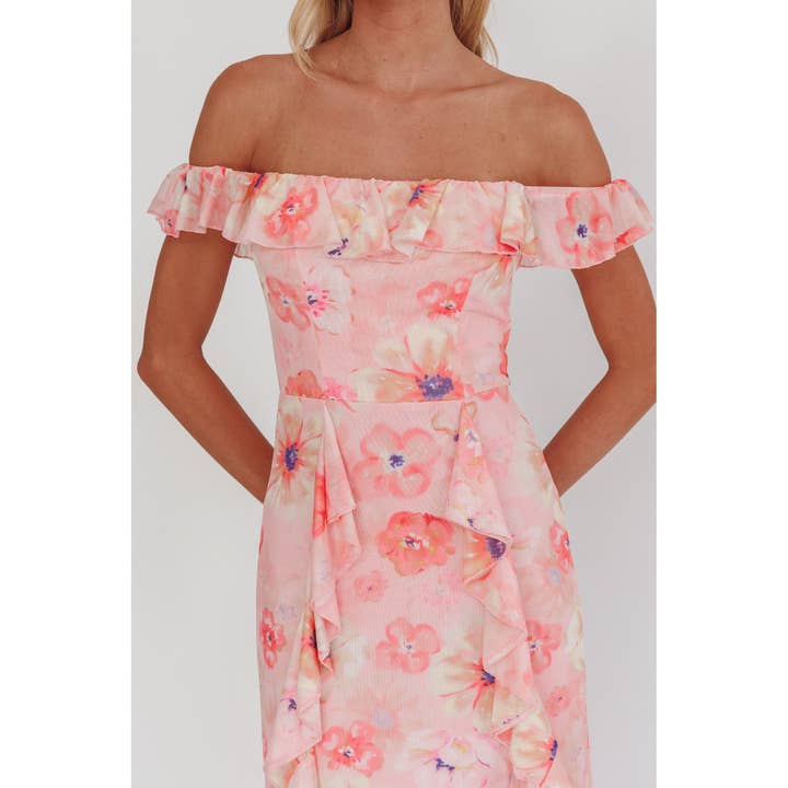 PINK OFF THE SHOULDER FLORAL MAXI DRESS for wholesale on Faire