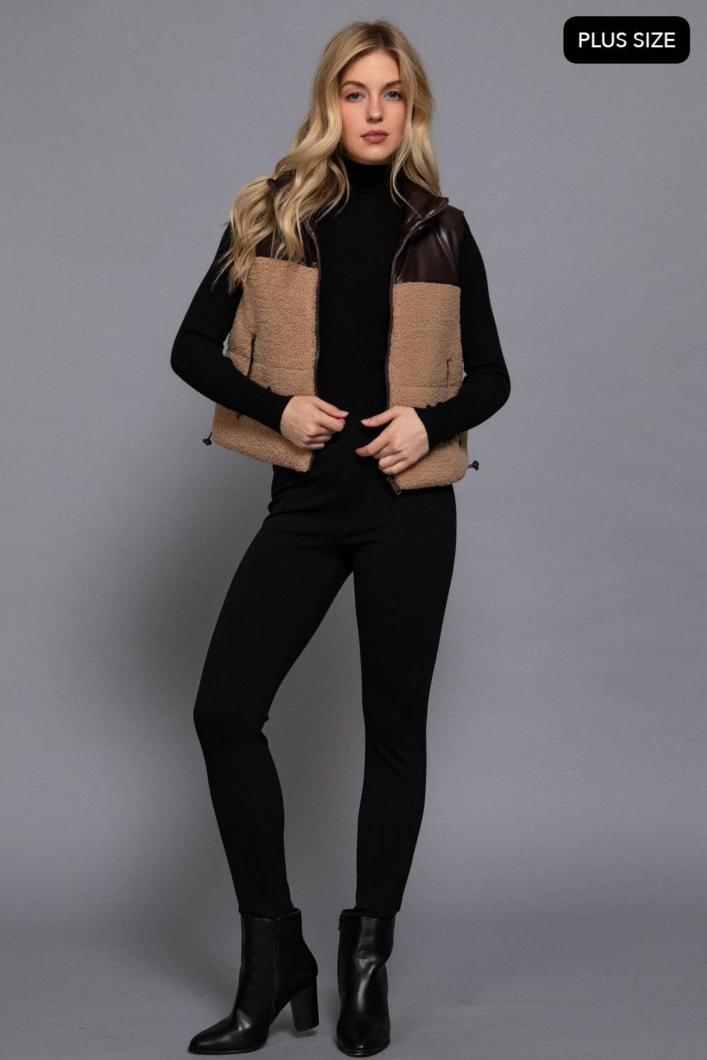 Active Basic | Active USA - Wholesale Outerwear Vest - Women's - [PLUS SIZE] Reversible Faux Leather-Sherpa Padding Crop Vest15