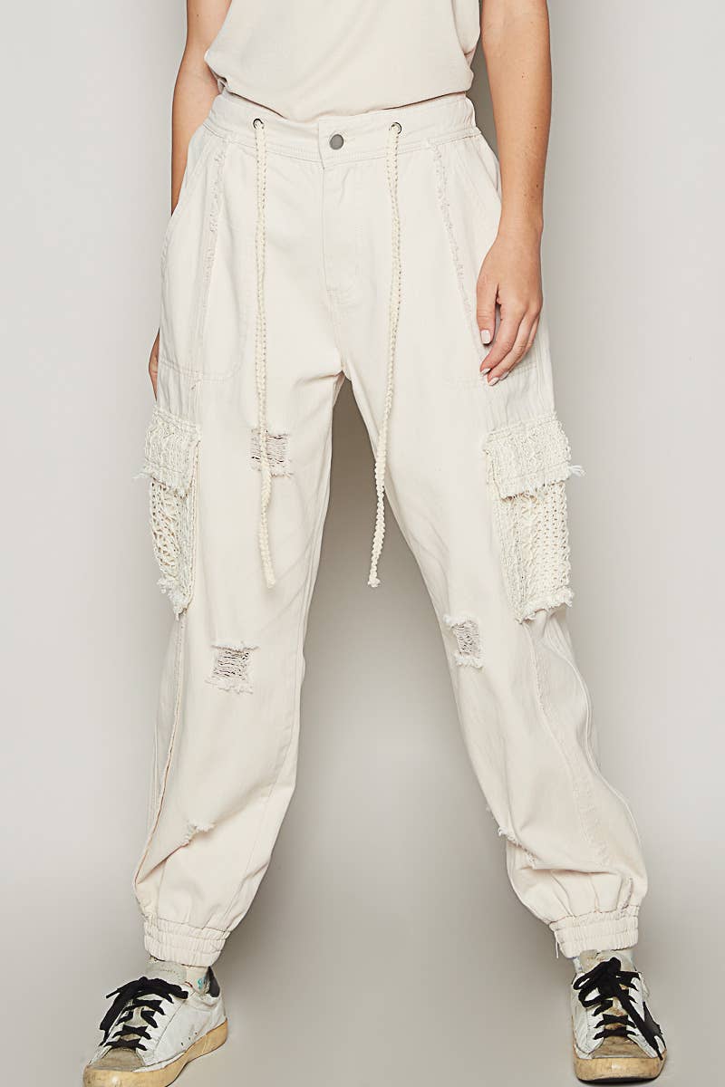 Pol Clothing - Wholesale Jeans - Women's - Tie waistband contrast crochet cargo pockets denim joggers57