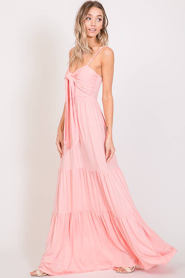 7th Ray - Vendita all'ingrosso Vestito - Donna - Abito lungo a balze con nodo frontale casual e spalline sottili D23076