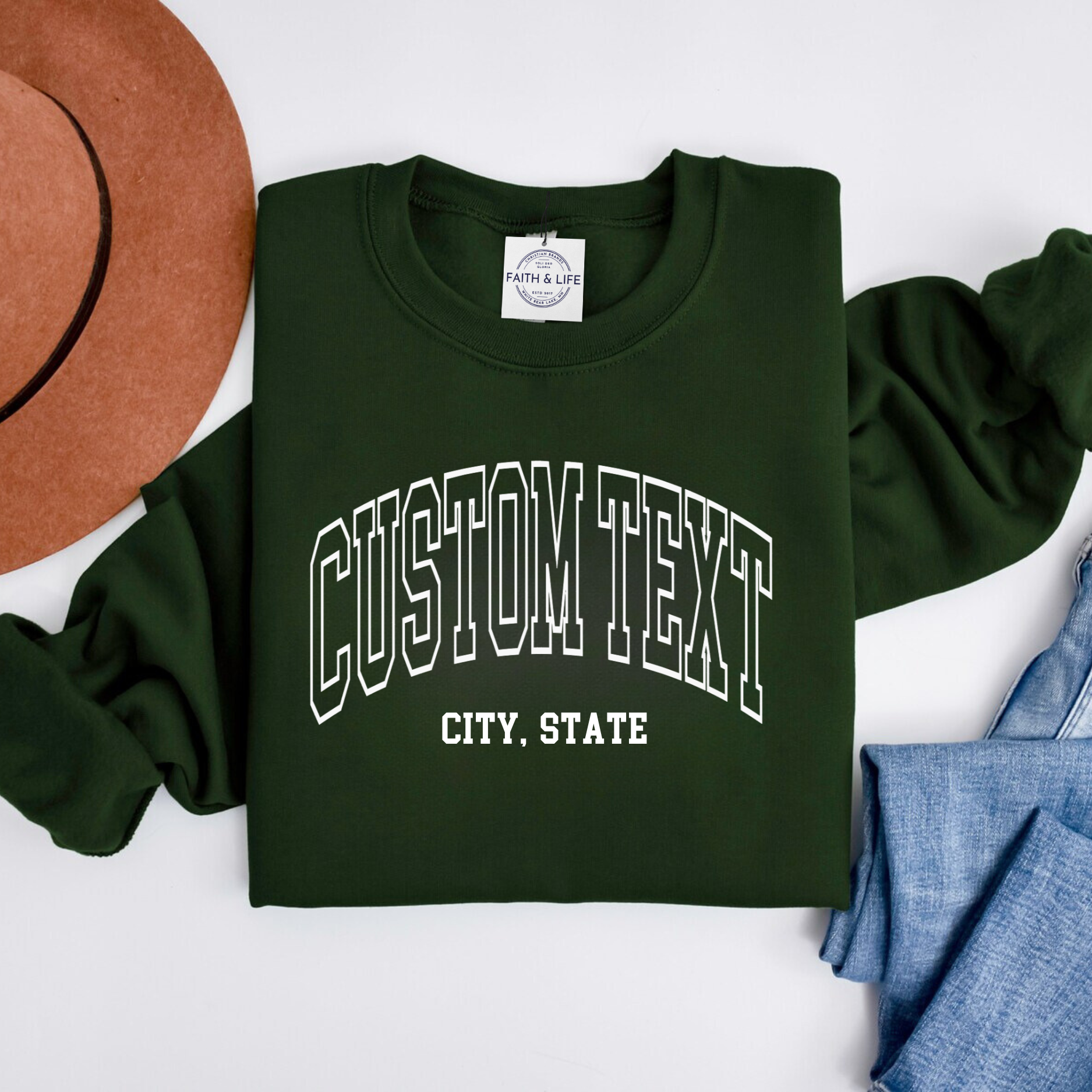 Faith & Life Christian Brands - Wholesale Graphic Sweatshirt - Women's - Custom City State or Text Personalized Crewneck Sweatshirt11