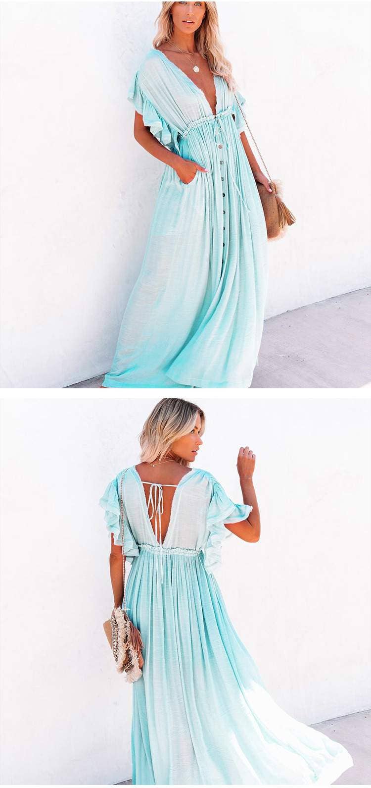 Fashion Combination - Wholesale Dress - Women's - Boho Button-Front Flowy Maxi Dress15
