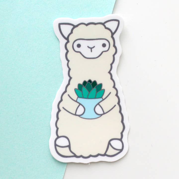 Succulent Alpaca Vinyl Sticker. Llama Decal holding Plant for wholesale by Wild Whimsy Woolies