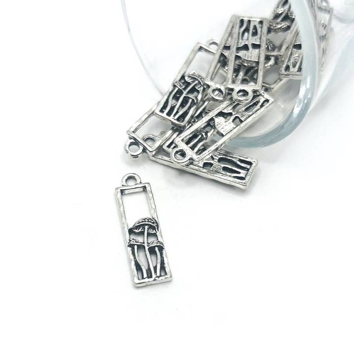 Rectangle Silver Mushroom Pendant Charm, 27x8mm for wholesale by Guerrilla Charm
