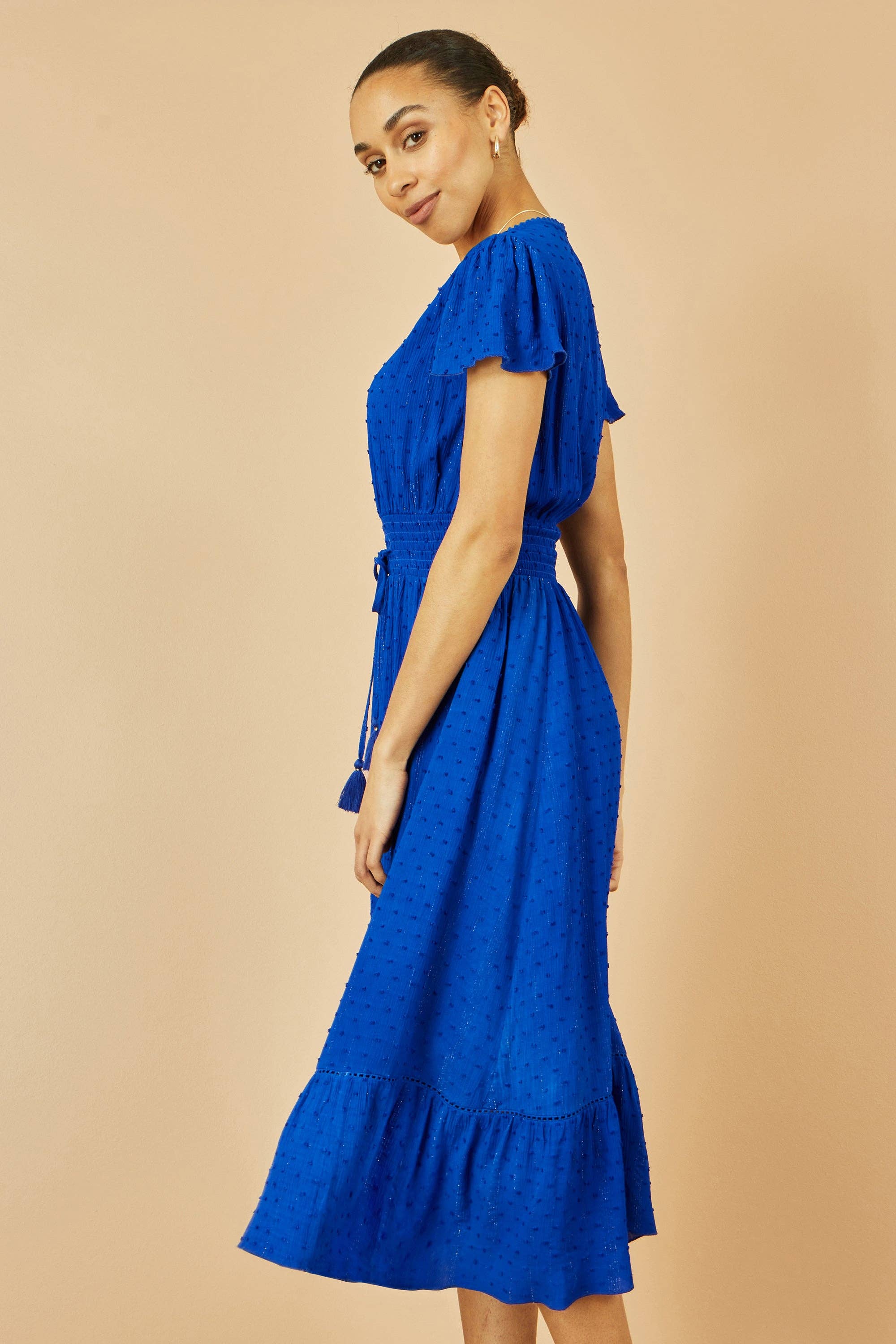 Yumi Blue Button Detail Midi Dress With Ruched Waist And Metallic Thread for wholesale on Faire4