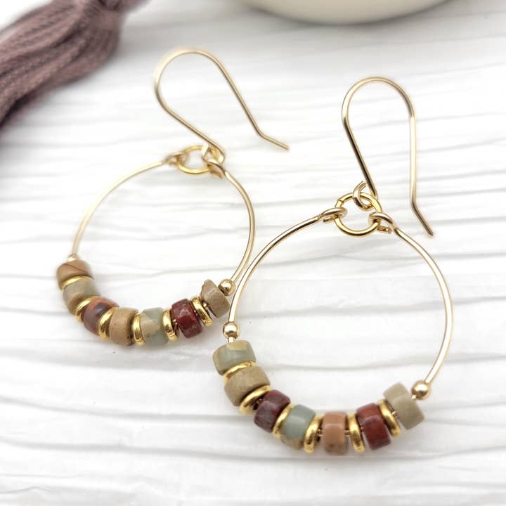 Gold Hoop Earrings with Earth Tone Jasper Earrings for wholesale by Bijou by SAM