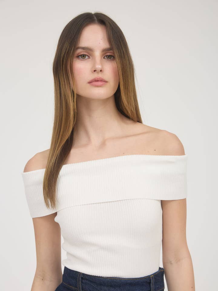 OFF THE SHOULDER FOLD OVER SWEATER KNIT TOP for wholesale by The Workshop Studio