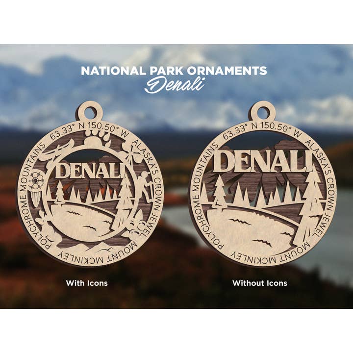 Parco nazionale del Denali | Ornamento tagliato al laser per la vendita all'ingrosso da parte di Uniquely Inviting