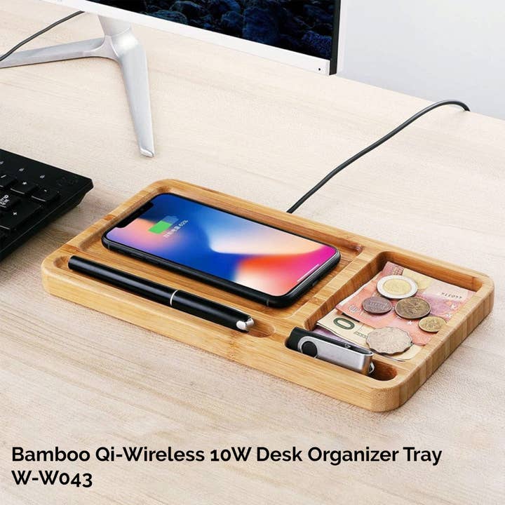 WUDN Handcrafted - Wholesale Desk Organizer - Solid Bamboo Desktop Organizer Tray with Wireless Charger (BLACKFOOT)