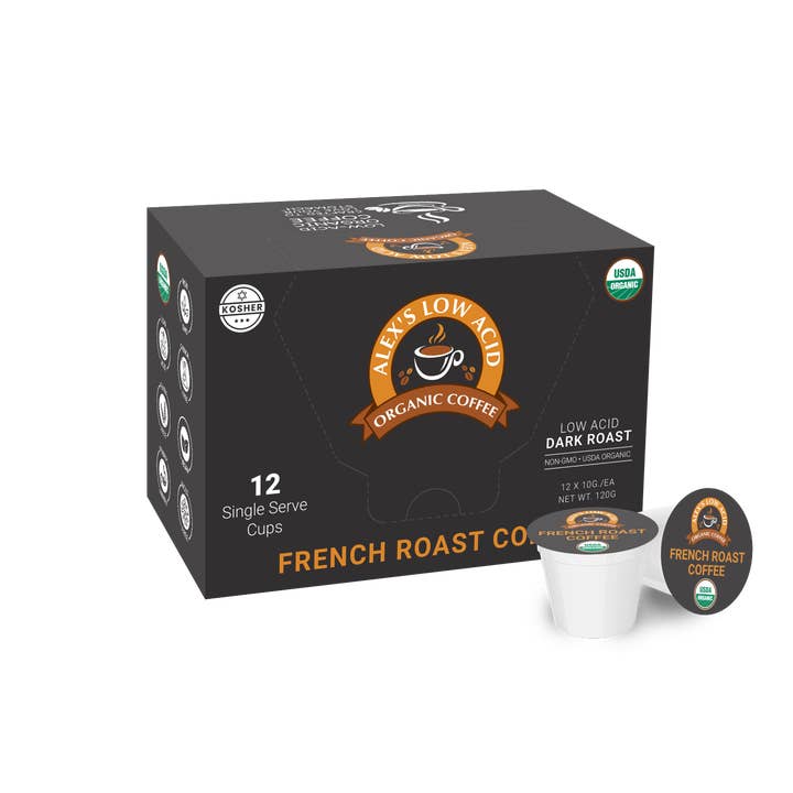 Alex's Low-Acid Coffee™ - French Roast Single Serve Cups for wholesale by Alex's Low-Acid Organic Coffee