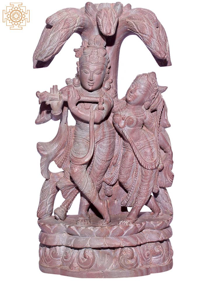 12" Shri Krishna spiller fløjte med Radha | Stenstatue for engroshandel hos Exotic India Art
