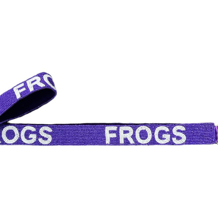 Game Day Seed Bead Bag Strap - Purple w/ White Frogs for wholesale by Golden Lily