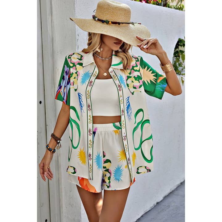 BEIGE GREEN Two Pieces Allover Print Elastic Waist Short Sets for wholesale on Faire