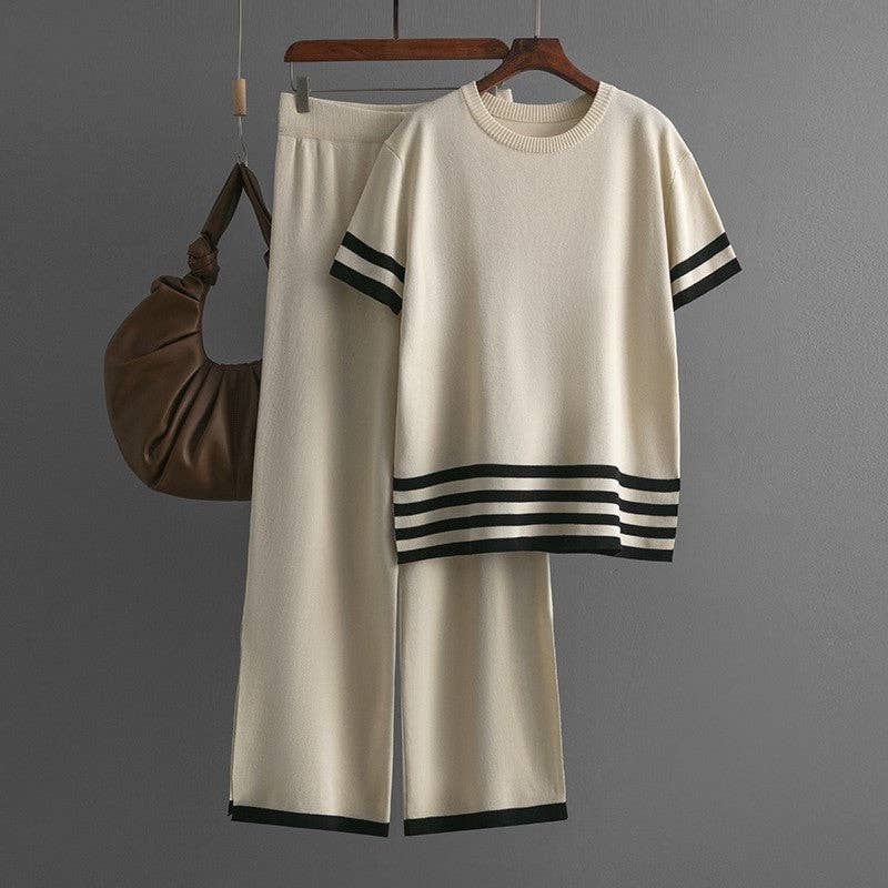 Sheer Trend – Engroshandel Loungesæt - Dame – Strikket todelt sæt med farveblok, stribemønster og delt kant7