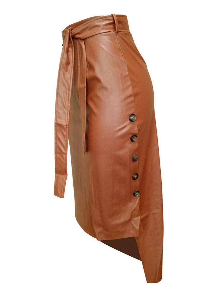 BROWN High-Waist Faux Leather Button-Slit Midi Skirt for wholesale on Faire3