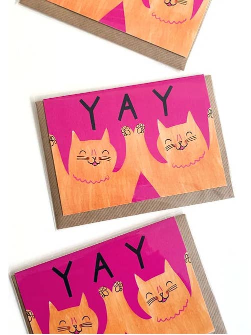 Yay Ginger Cats Greeting Card for wholesale by Kitty Kenda Papergoods