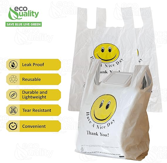 EcoQuality - Wholesale Grocery/Shopping Bag - EcoQuality White Smiley Face Plastic Shopping Bags Medium 10x5x186