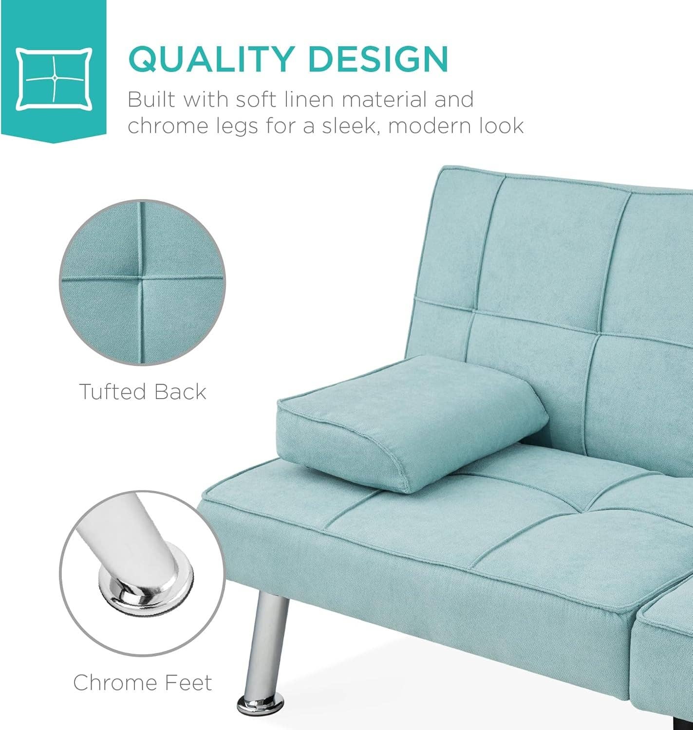 Linen Folding Futon Sofa Bed Aqua With Removable Armrests for wholesale on Faire5