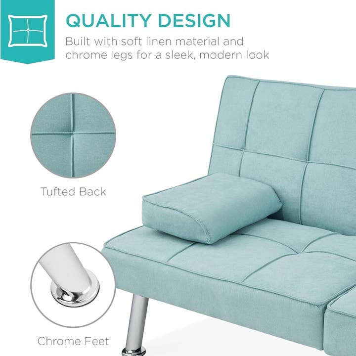 Linen Folding Futon Sofa Bed Aqua With Removable Armrests for wholesale on Faire5