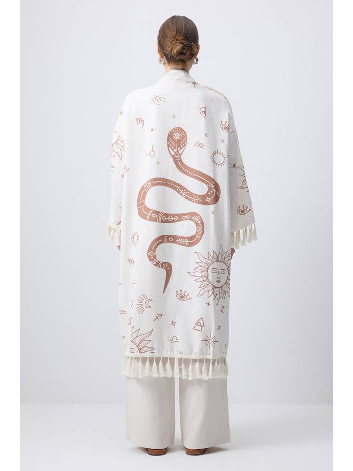 Beige BOHEMIAN ZODIAC PRINT KIMONO TASSEL KIMONO for wholesale on Faire