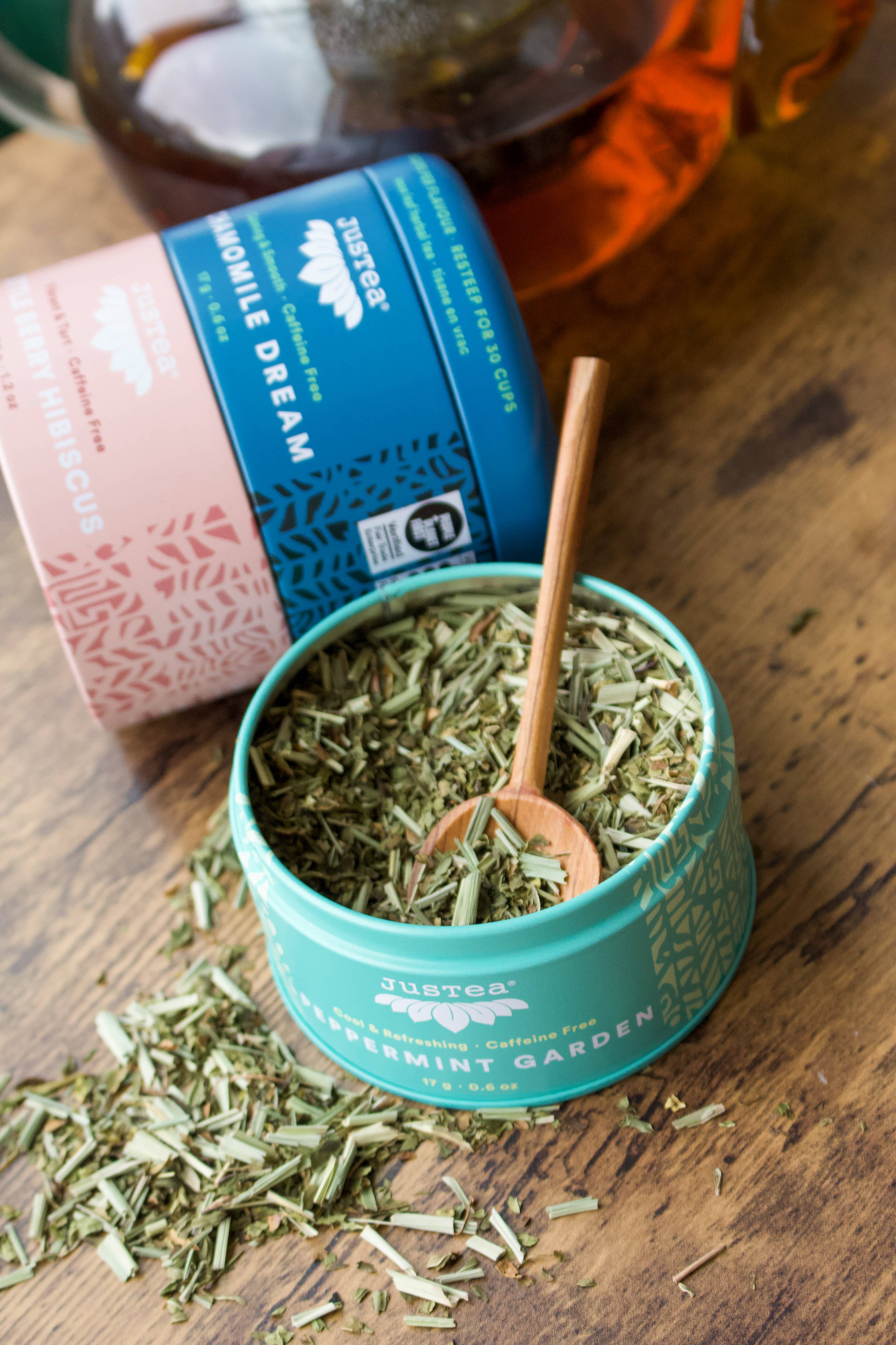 JusTea - Vendita all'ingrosso Tisane salutari e depurative - Trio di tè alle erbe in latta e cucchiaio - Regalo per tè biologico, equo e solidale7