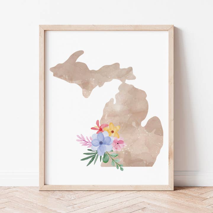 Impression d'art silhouette florale du Michigan pour la vente par Backstory Map Co.