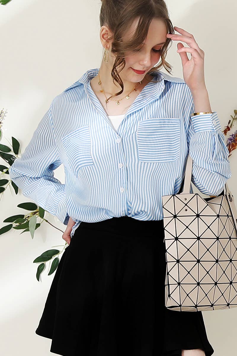 NINEXIS - Wholesale Button Down Shirt - Women's - CWTSTL716_Striped Button Down Long Sleeve Collared Shirts4