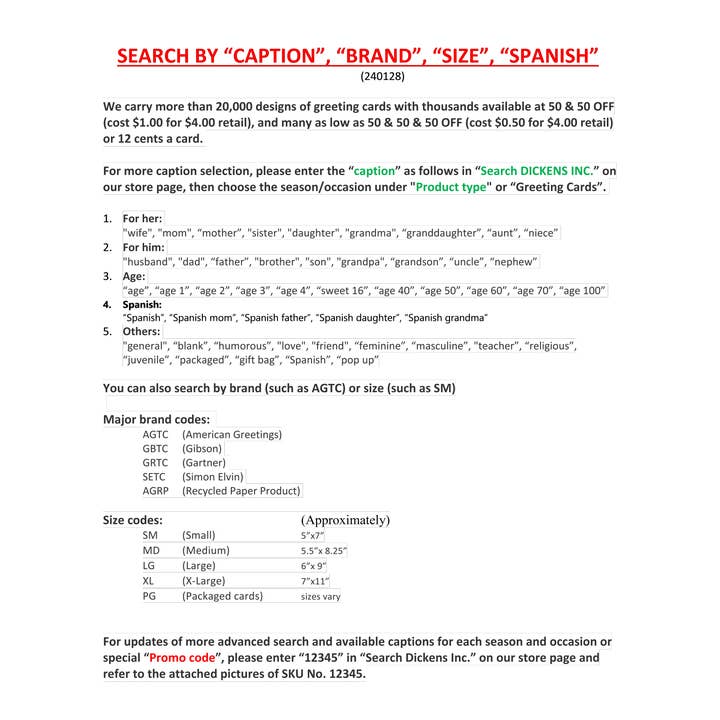 DICKENS INC. - Wholesale Everyday Greeting Card - 12345 How to find the right card/caption from DICKENS?2