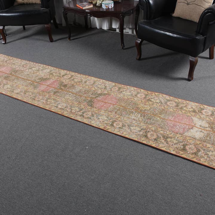 Turks tapijt, loper 2,1×12,8 ft vintage tapijt, bruin-roze camouflage wollen tapijt voor wholesale door Vintage Rugs Loom