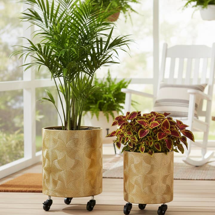 Gold Metal Foil Planters Set with Wheels and Drain Plug, Indoor Pot for Fresh or Faux Plants Home Decor Gift for wholesale by Sona Casa