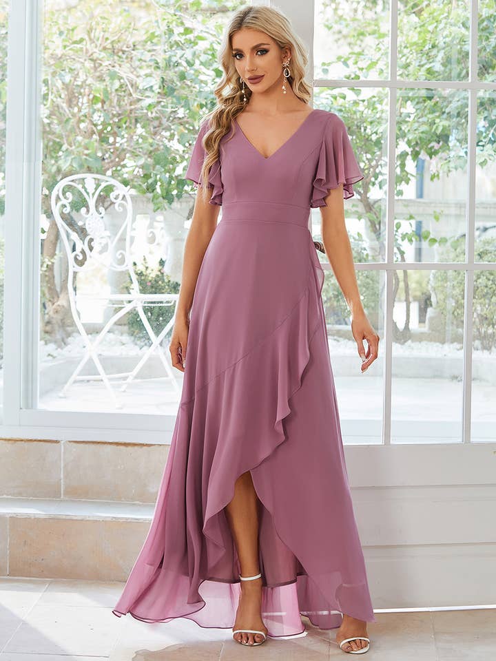 Ever-Pretty - Wholesale Gown – Women's - V Neck High Low Ruffles Chiffon Bridesmaid Dress5