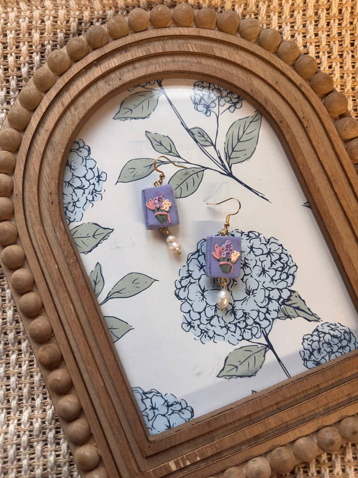 Books with Pearls | Polymer Clay Earrings for wholesale by Watch Me Bloom