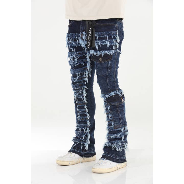 Stylo - Wholesale Jeans - Men's - Cargo Pocket Distressed Stacked Flare Jeans