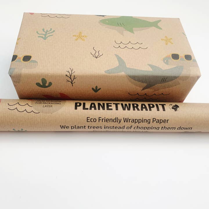 PlanetWrapIt โ wholesale Wrapping paper roll โ Shark Recycled Kraft Wrapping Paper Gift Wrap1