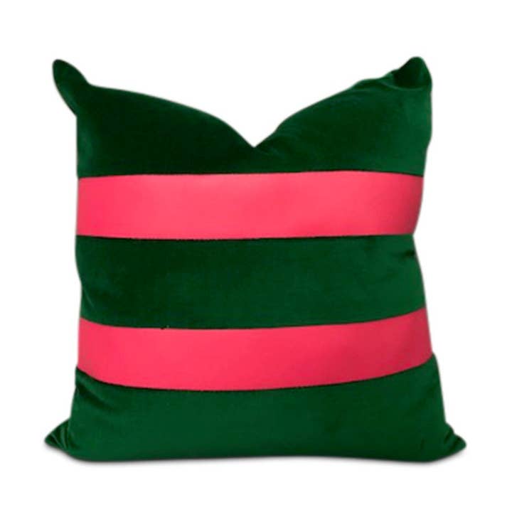 Handmade square green velvet with 2 pink vinyl strips pillow 16” x 16” inches come with feather down insert. for wholesale by Magic Hill - Mercantile