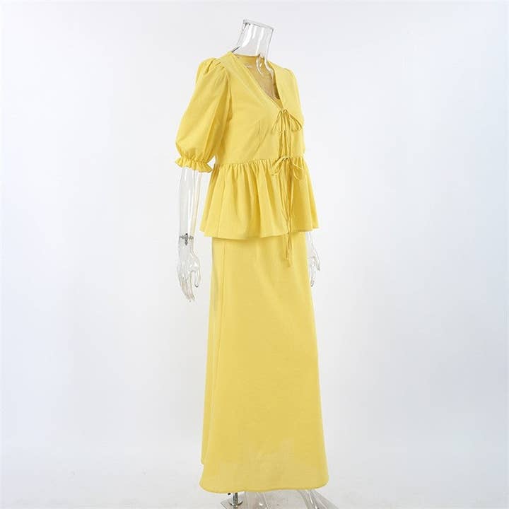 Yellow Solid Color Bubble Sleeve Top Skirt Set for wholesale on Faire6