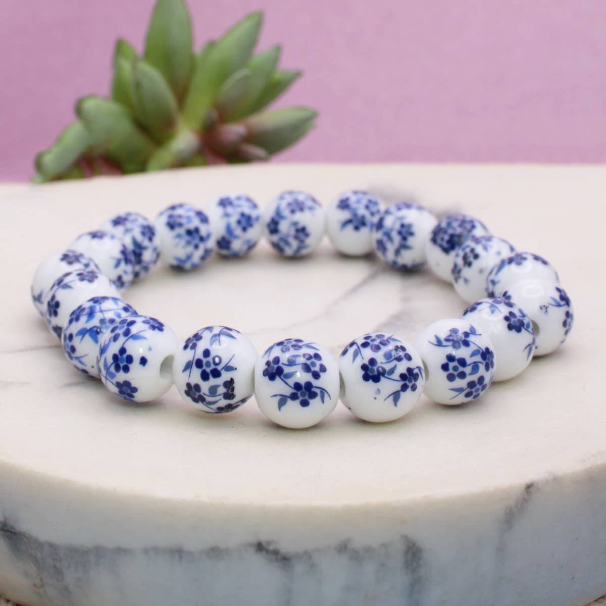 ZAD - Wholesale Beaded Bracelet - Vintage Blue & White Ceramic Bead Stretch Bracelet4