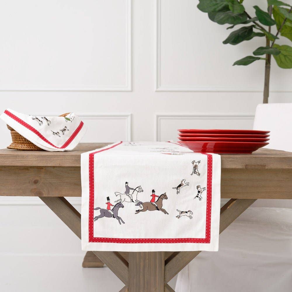 Pomegranate Inc – wholesale Table runner – Embroidered Hunt Scene Red Ribbon Table Runner0