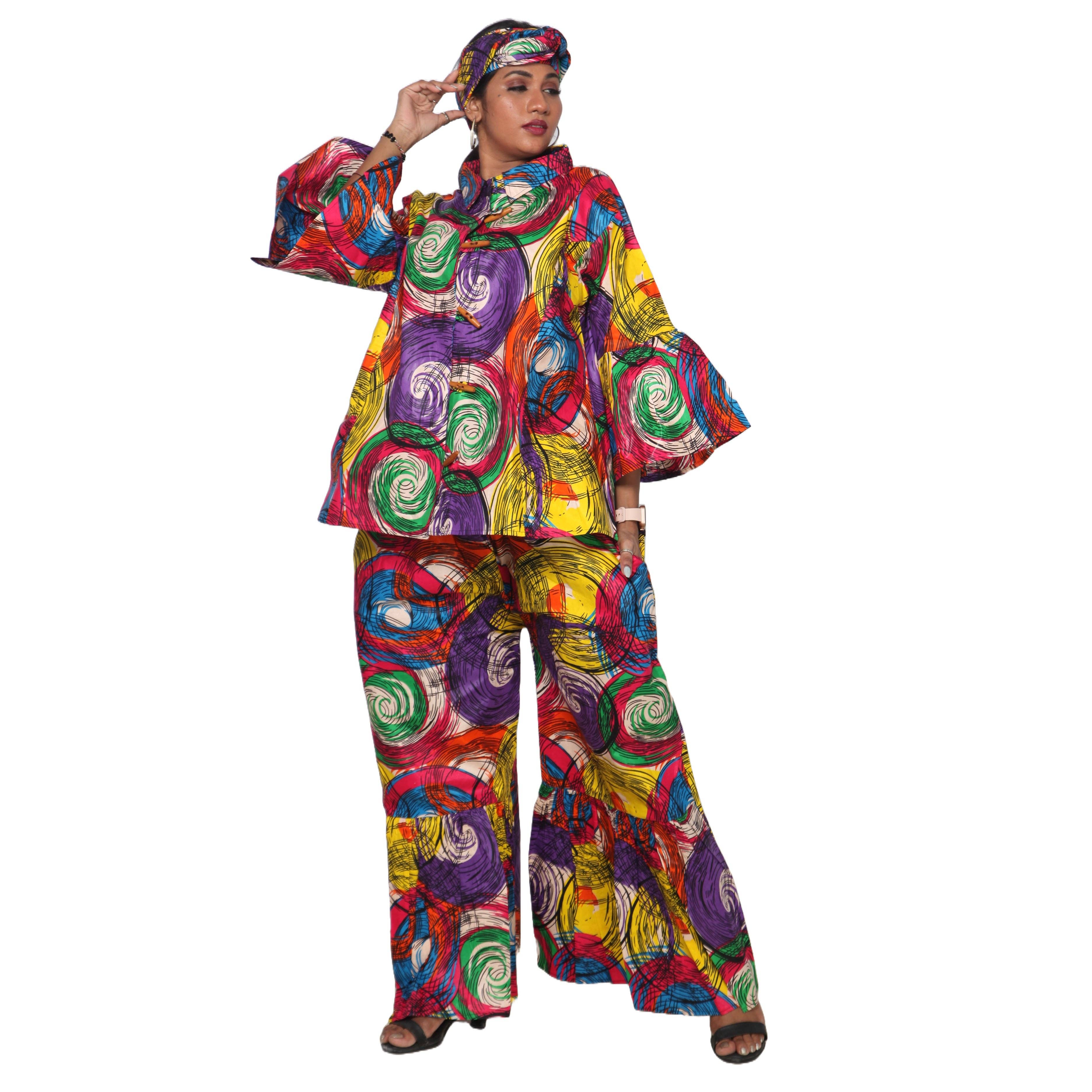 African Stars - Vente Ensemble haut et pantalon (PAS d'intérieur) - Femme - Ensemble Chemisier Femme et Pantalon Palazzo -- Imprimé FI-405031