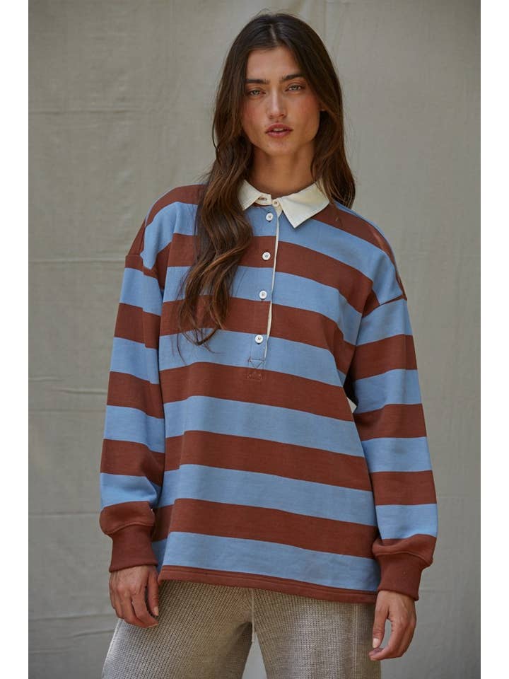 By Together - Wholesale Sweatshirt - Women's - L8802 | Knit Cotton Striped French Terry Collar Neck Top